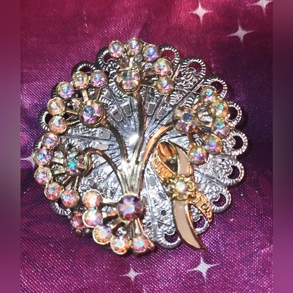 Aurora Borealis Crystals Brooch & Pink Awareness Ribbon - Picture 3 of 6